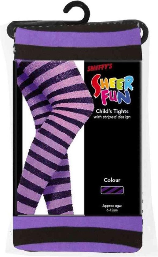 Verpakking van Smiffys kinderpanty met paarse en zwarte strepen.