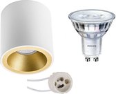 Opbouwspot Set - Pragmi Cliron Pro - GU10 Fitting - Opbouw Rond - Mat Wit/Goud - Verdiept - Ø90mm - Philips - SceneSwitch 827 36D - 1.5W-5W - Warm Wit 2200K-2700K - Dimbaar