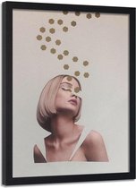 Foto in frame , Vrouw met een dagdroom ,70x100cm , wit beige , wanddecoratie