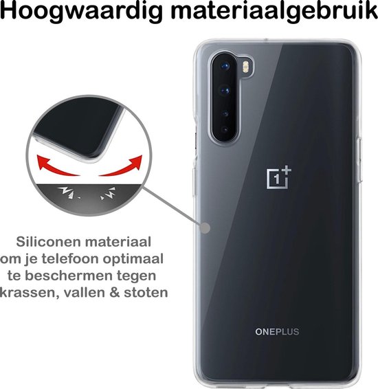 Transparante OnePlus Nord hoes van siliconenmateriaal, beschermt tegen krassen, vallen en stoten.