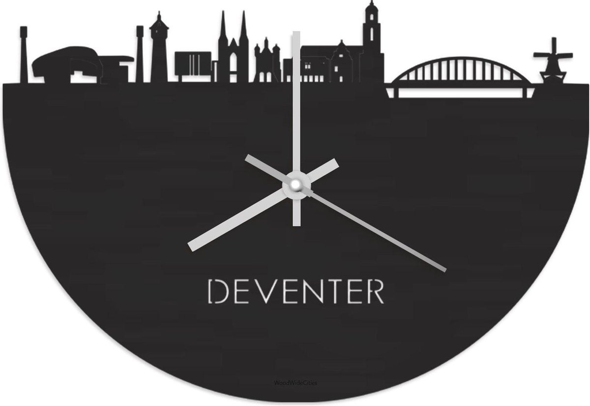 Skyline Klok Deventer Zwart hout - Ø 40 cm - Stil uurwerk - Wanddecoratie - Meer steden beschikbaar - Woonkamer idee - Woondecoratie - City Art - Steden kunst - Cadeau voor hem - Cadeau voor haar - Jubileum - Trouwerij - Housewarming - WoodWideCities