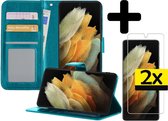 Samsung S21 Ultra Hoesje Book Case Met 2x Screenprotector - Samsung Galaxy S21 Ultra Case Wallet Hoesje Met 2x Screenprotector - Turquoise