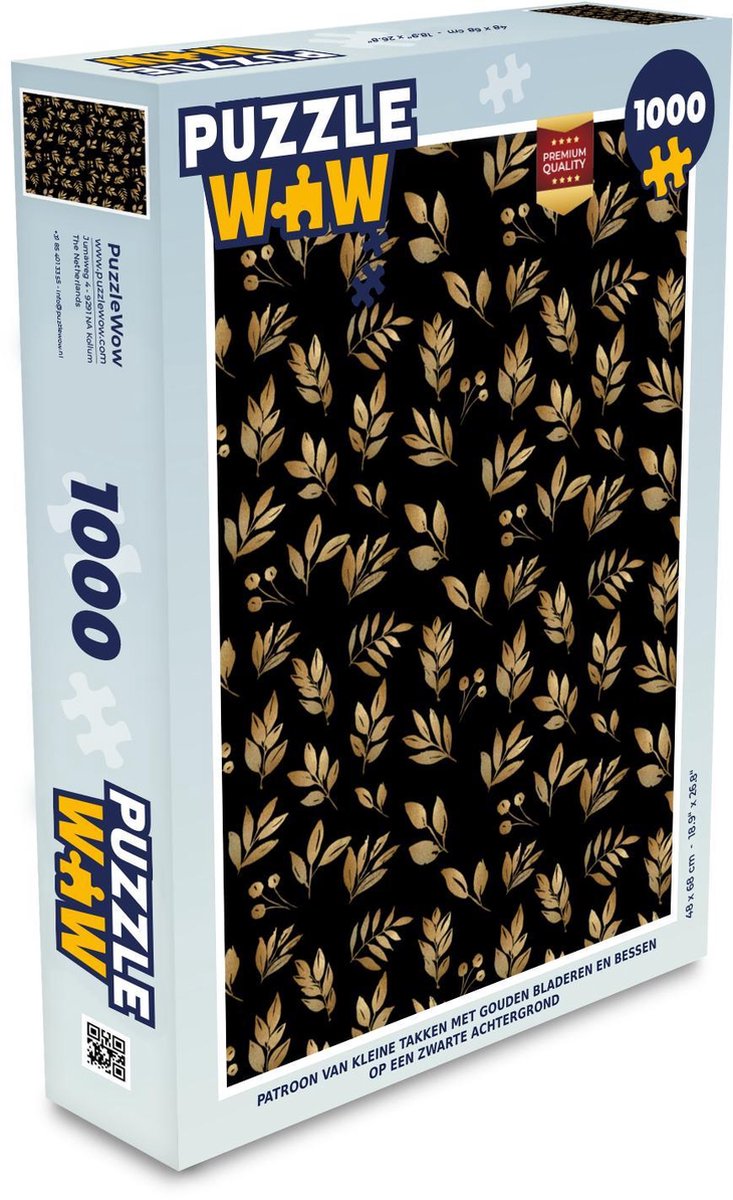 Afbeelding van product Puzzel 1000 stukjes volwassenen Golden/rose leaves - EB 1000 stukjes - Patroon van kleine takken met gouden bladeren en bessen op een zwarte achtergrond puzzel 1000 stukjes - PuzzleWow heeft +100000