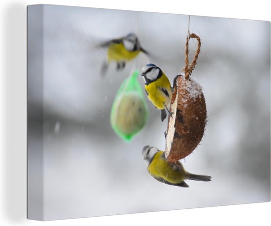 Canvas Schilderij Etende vogels in de winter - 60x40 cm - Wanddecoratie