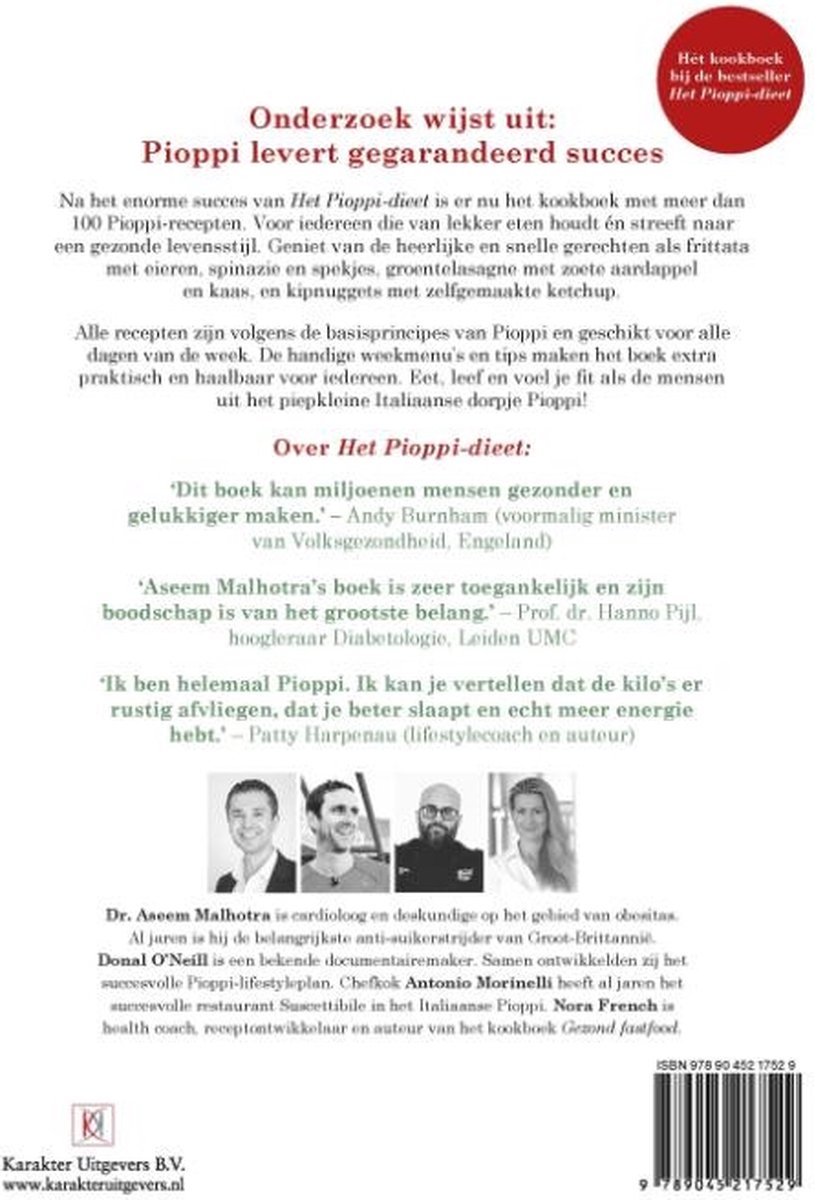 Achterkant van het Pioppi Kookboek, met een samenvatting, quotes en foto's van de auteurs.