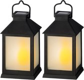 2x stuks solar lantaarn kunststof zwart met vlam effect 18 cm - Tuinlantaarns - Solarverlichting - Tuiverlichting