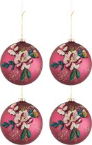 J-Line Doos Van 4 Kerstballen Geborduurde Bloem Glas Burgundy/Mix Large