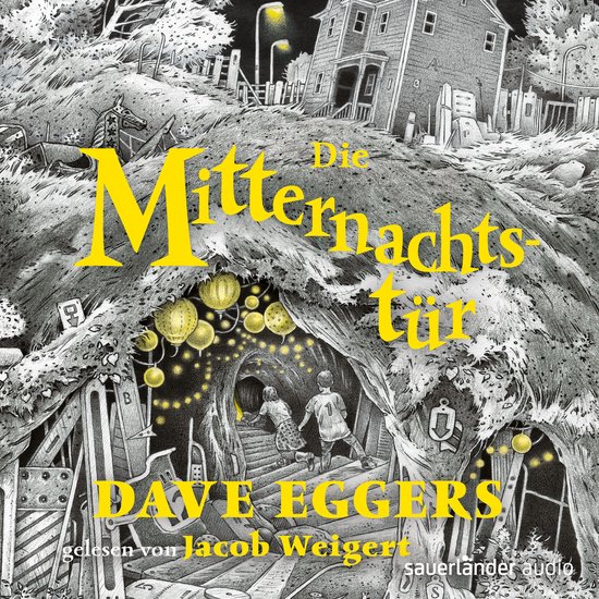 Illustratie van de kaft van het boek "Die Mitternachtstür" met twee kinderen die een verlichte tunnel ingaan. De titel "Die Mitternachts- tür" en "DAVE EGGERS" staan in grote gele letters.