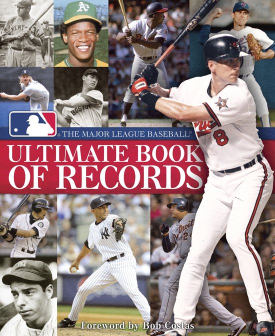 De cover van 'The Major League Baseball Ultimate Book of Records' met diverse honkbalspelers, waaronder een speler in wit uniform met nummer 8.