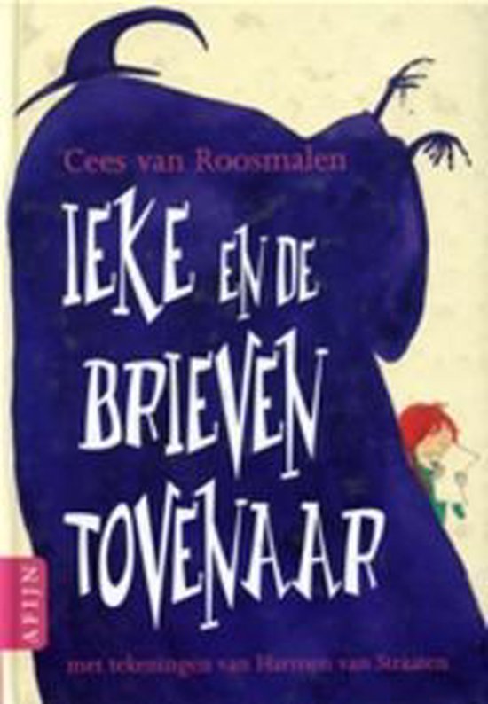 Voorkant van een boek getiteld "Ieke en de brieventovenaar". Een paarse tovenaar met een meisje met rood haar.