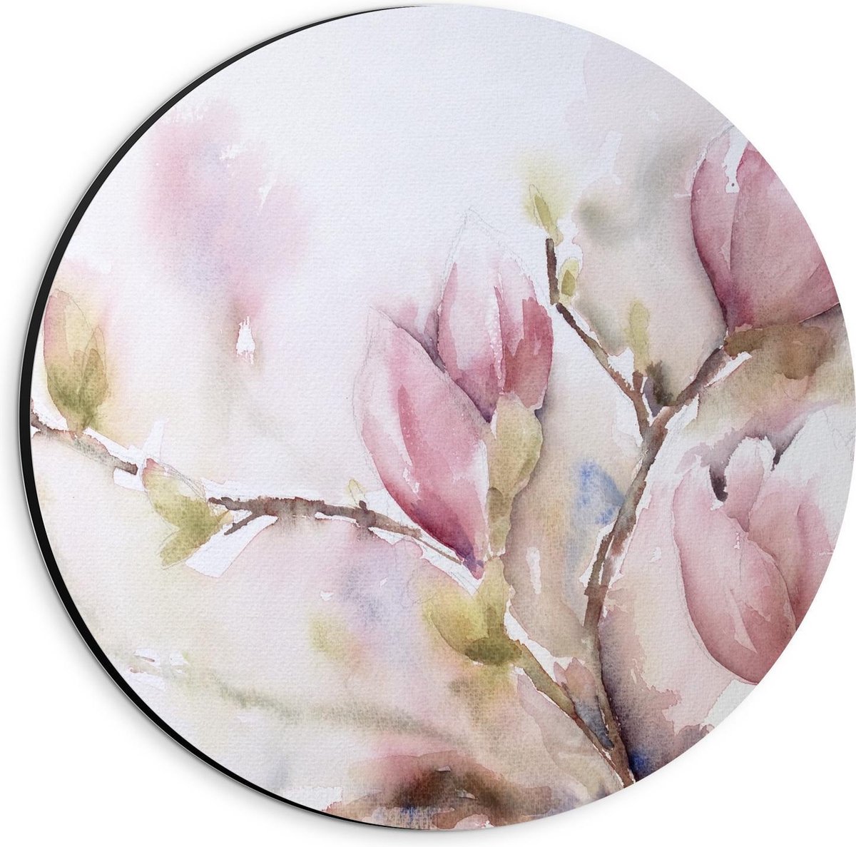 Dibond Wandcirkel - Waterverf Tekening van Roze Bloemen - 20x20cm Foto op Aluminium Wandcirkel (met ophangsysteem)