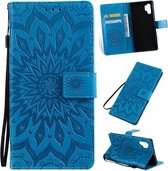 Geperst afdrukken Zonnebloempatroon Horizontale flip PU lederen tas voor Galaxy Note 10+ / Note 10 Pro, met houder & kaartsleuven & portemonnee & lanyard (blauw)