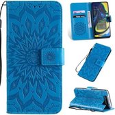 Geperst afdrukken Zonnebloempatroon Horizontale flip PU lederen tas voor Galaxy A80, met houder en kaartsleuven en portemonnee en lanyard (blauw)