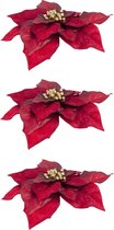 3x stuks decoratie bloemen kerststerren donkerrood op clip 18 cm - Decoratiebloemen/kerstboomversiering/kerstversiering