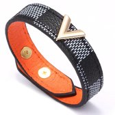 Heren Armband Leer - Monogram Patroon met V - Zwart met Grijs - Leren Armbanden - Cadeau voor Man - Mannen Cadeautjes