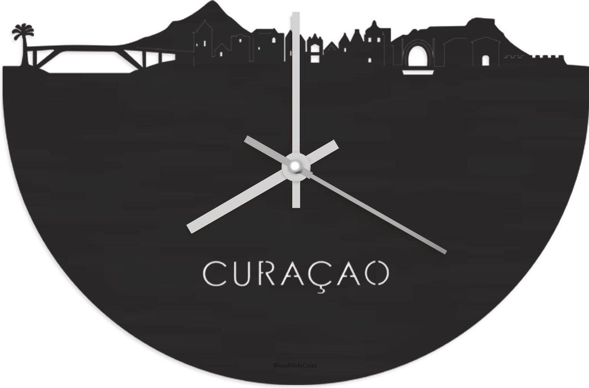Skyline Klok Curaçao Zwart hout - Ø 40 cm - Stil uurwerk - Wanddecoratie - Meer steden beschikbaar - Woonkamer idee - Woondecoratie - City Art - Steden kunst - Cadeau voor hem - Cadeau voor haar - Jubileum - Trouwerij - Housewarming - WoodWideCities