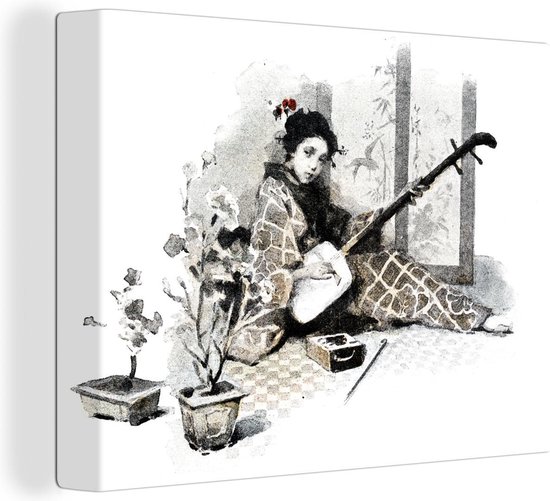 Canvas Schilderij Stippenprint aquarel illustratie vrouw met Japanse gitaar - 120x90 cm - Wanddecoratie