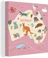 Canvas Wereldkaart - 20x20 - Wanddecoratie Dieren - Wereldkaart kinderen - Australië - Meisjes - Meiden - Kids