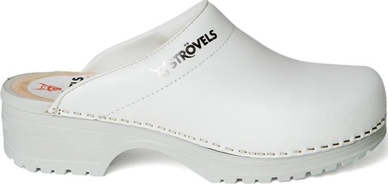 Witte St rövels klomp met leren bovenkant, logo op zijkant en stiksels.