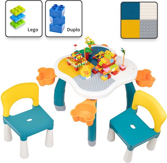 Decopatent® - Kindertafel met 2 Stoeltjes - Speeltafel met bouwplaat en vlakke kant - Geschikt voor Lego® & Duplo® Bouwstenen