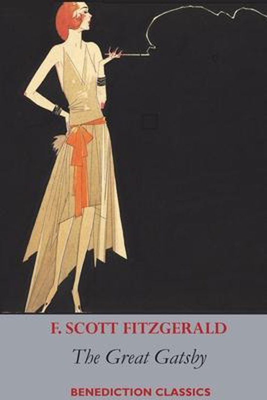 Cover van The Great Gatsby met een Art Deco-illustratie van een vrouw in een beige jurk en oranje sjerp, rok met franjes en sigarettenhouder.