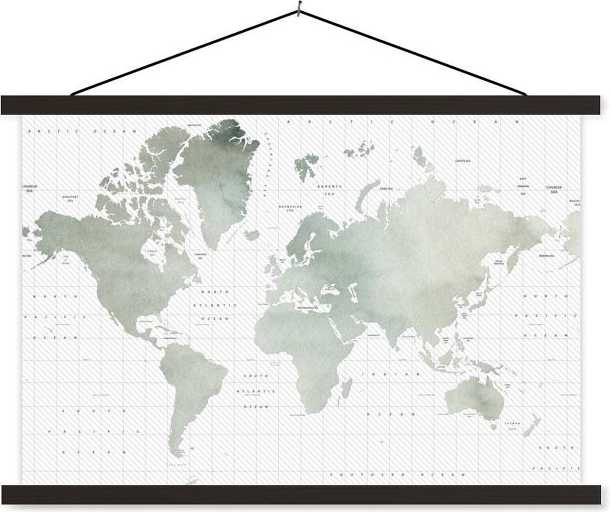 Afbeelding van product TextilePosters  Schoolplaat - Wereldkaart - Waterverf - Grijs - 120x80 cm - Zwarte latten