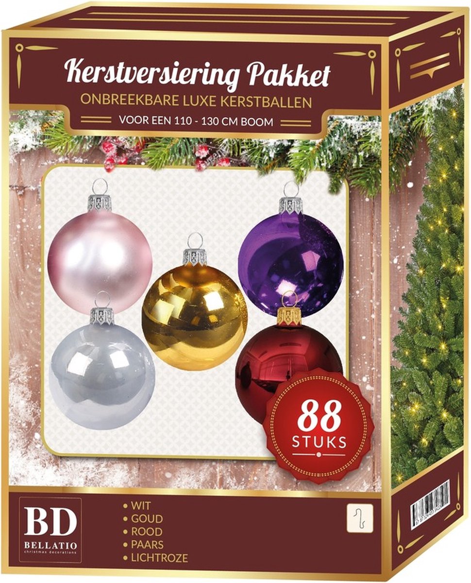 Kerstballen set 88-delig voor 120 cm boom - Gekleurde Kerstboomversiering
