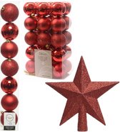 Kerstversiering kunststof kerstballen met ster piek rood 4-5-6-8 cm pakket van 34x stuks - Kerstboomversiering