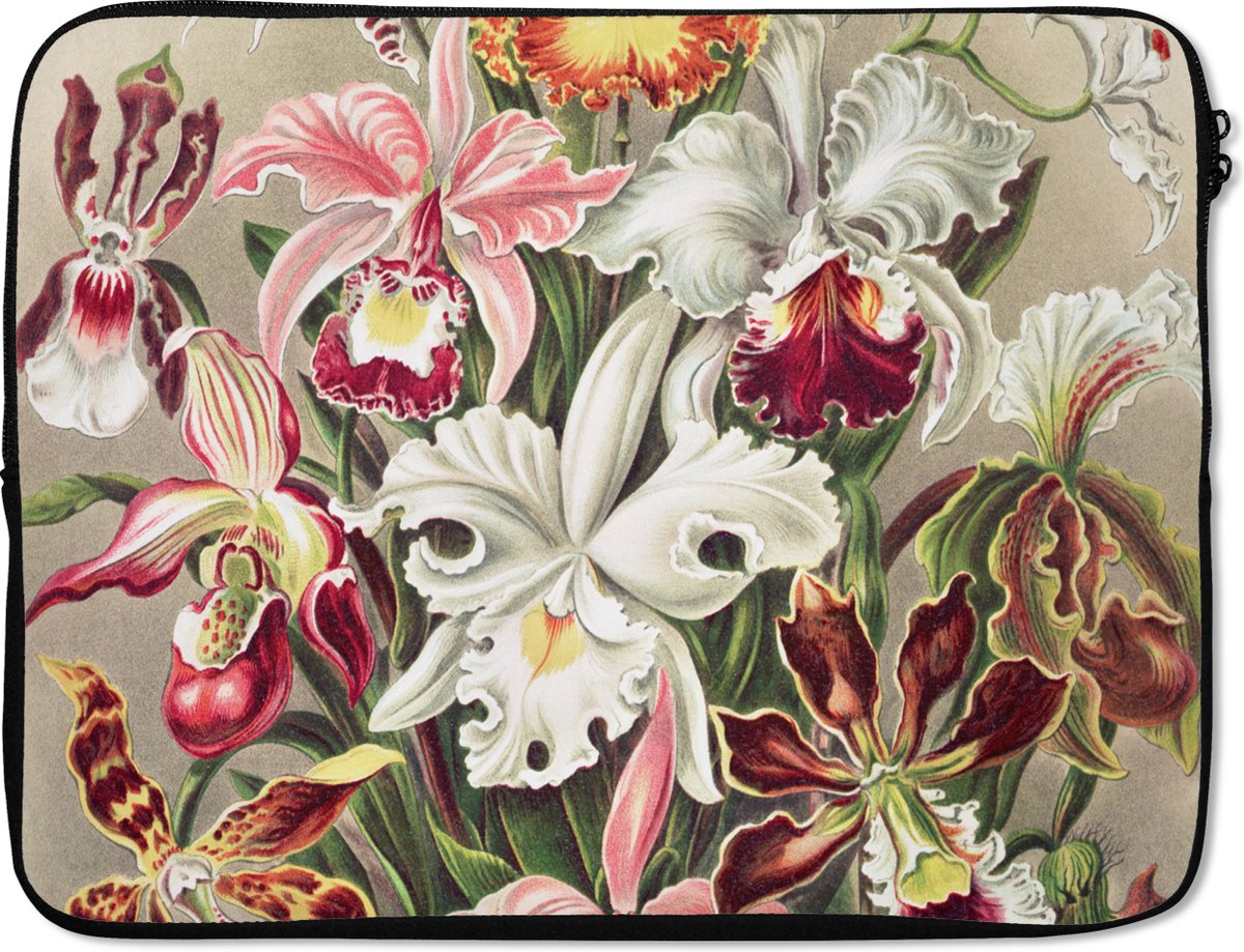 Laptophoes 15.6 inch - Bloemen - Ernst Haeckel - Vintage - Orchidee - Laptop sleeve - Binnenmaat 37x26 cm - Zwarte achterkant