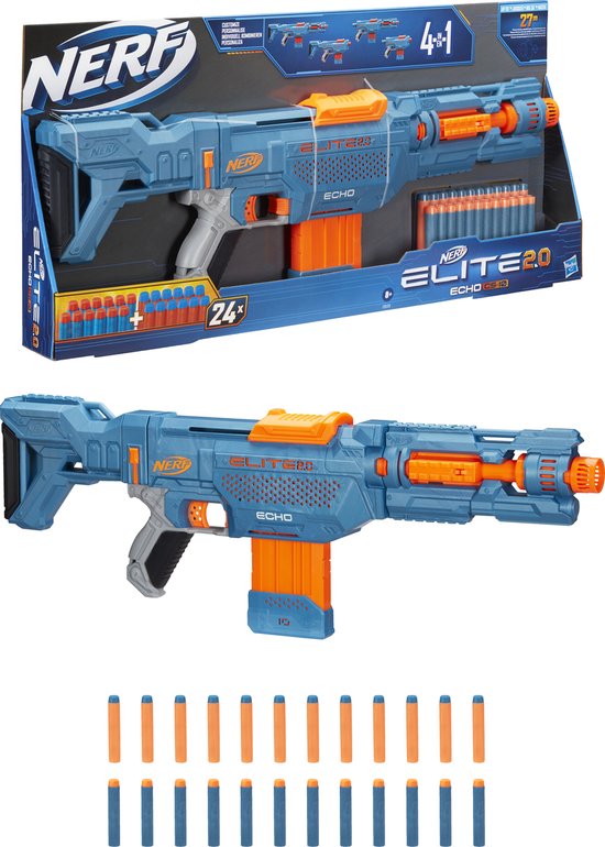 Nerf Elite 2.0 Echo CS 10 blaster in verpakking en losse blaster met 24 pijltjes.