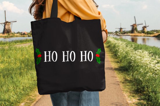 Sac bandoulière - Sac de plage - Citation de Noël Shopper Ho ho ho sur fond noir - 45x45 cm - Sac en coton