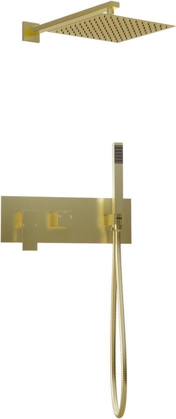 Vierkante inbouw regendouche met wandarm 25cm douchekop mat goud tweeknops bediening - Regendouche vierkant