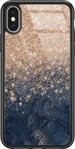 Casimoda® hoesje - Geschikt voor iPhone Xs - Marmer Blauw Rosegoud - Luxe Hard Case Zwart - Backcover telefoonhoesje - Rosekleurig