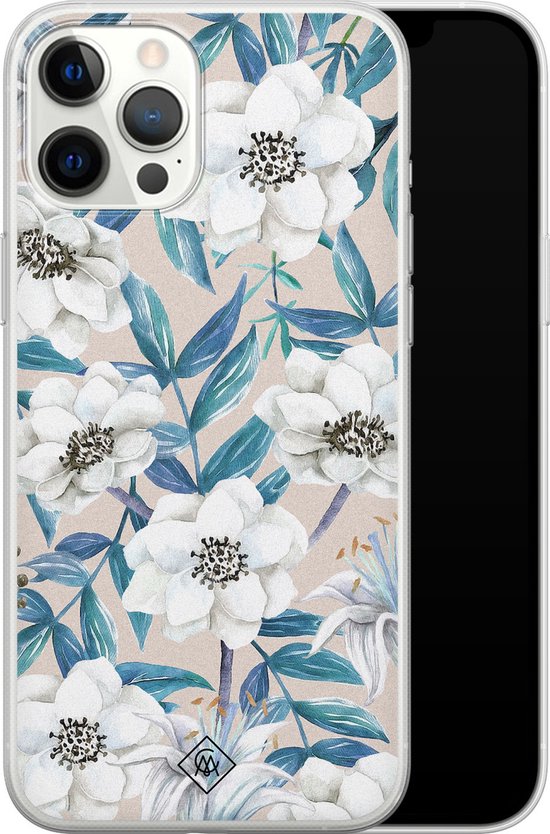 Coque iPhone 12 Pro Max - Fleurs / Bleu floral - Coque souple - Blauw - Coque de téléphone en Siliconen - Fleurs - Casimoda