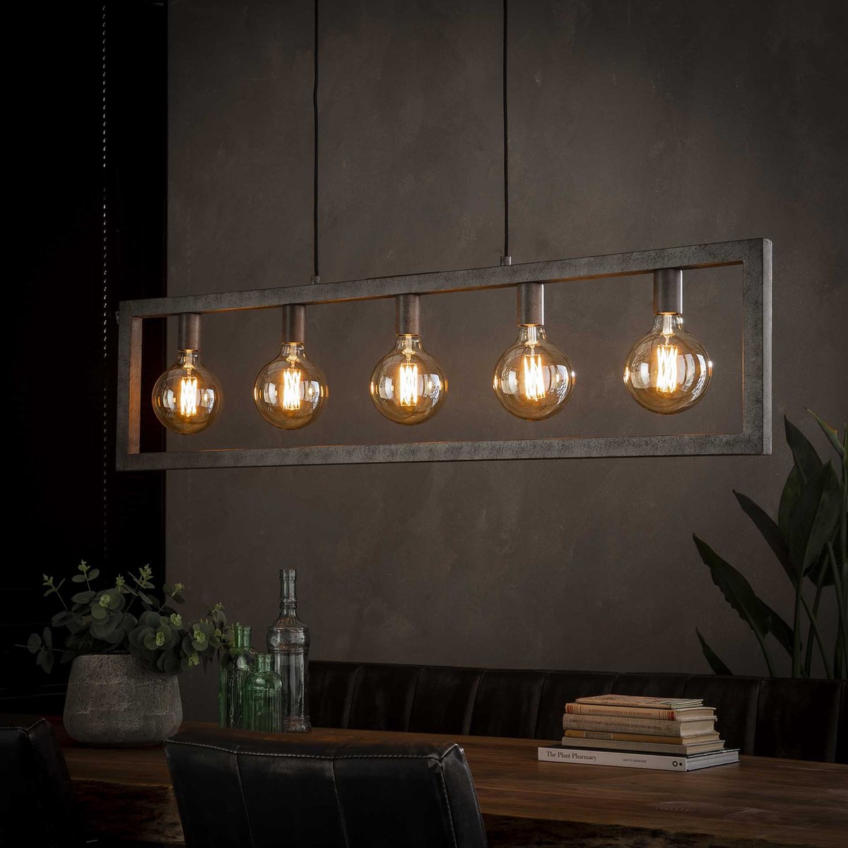 Hanglamp Steps | 5 lichts | oud zilver | metaal | in hoogte verstelbaar tot 150 cm | 120 cm breed | eetkamer / eettafel lamp | modern / sfeervol design