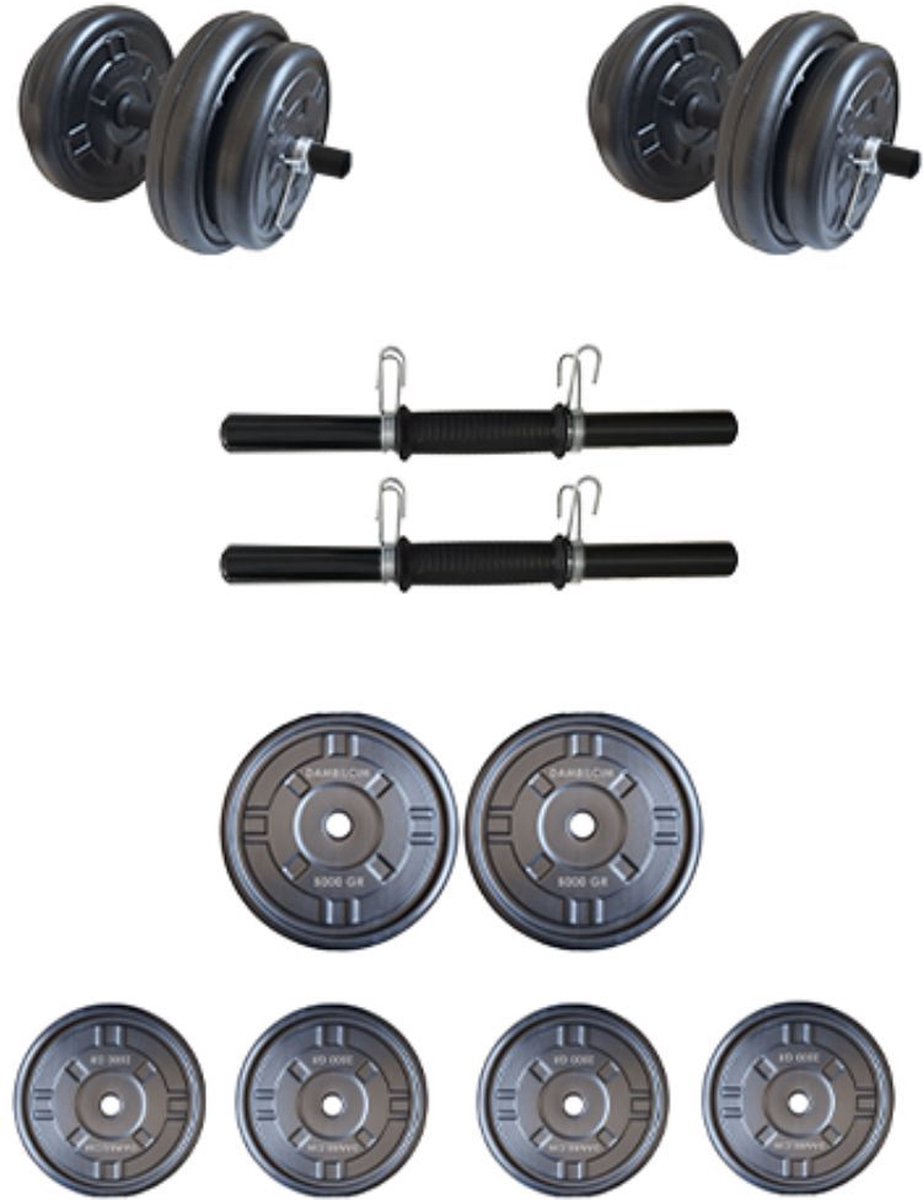 Dumbellcim® Dumbbells - Dumbells Set - 4 x 2,5 kg + 2 x 5 kg - Short Bar 40 cm - Rubber en Metaal - Zwart