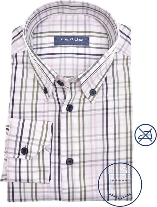 Ledub modern fit overhemd - wit met groen - Strijkvrij - Boordmaat: 44