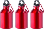 3x Stuks aluminium waterfles/drinkfles rood met schroefdop en karabijnhaak 330 ml - Sportfles - Bidon