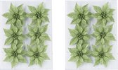 12x stuks decoratie bloemen rozen groen glitter op ijzerdraad 8 cm - Decoratiebloemen/kerstboomversiering/kerstversiering