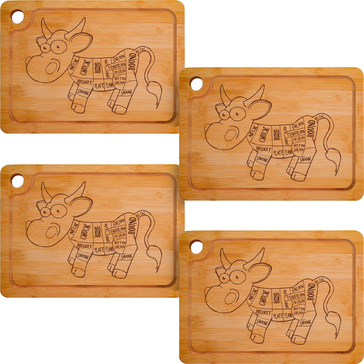 Set van 4: Bamboe Eetplank met Sapgroef - 33x23x2 cm Houten Steakbord Serveerplank Biefstukbord
