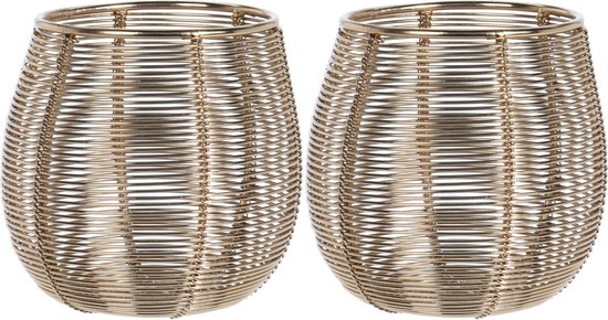 Set van 2x stuks metalen design windlicht/kaarsenhouder goud 9.5 cm - Theelichtjes/waxinelichtjes kaarsen houder