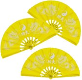 4x stuks handwaaiers/Tai Chi waaiers Yin Yang geel - polyester - Verkoeling in de zomer
