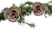 Kerstboom bloemen op clip - 2x st.- champagne glitter- kunststof -7 cm