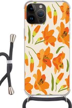 Geschikt voorApple Iphone 14 Pro Max - Crossbody Case - Bloemen - Lelie - Patronen - Siliconen - Crossbody - Backcover met Koord - Telefoonhoesje met koord - Hoesje met touw