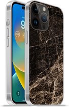 Geschikt voorApple Iphone 14 Pro - Softcase hoesje - Marmer print - Luxe - Zwart - Siliconen Telefoonhoesje