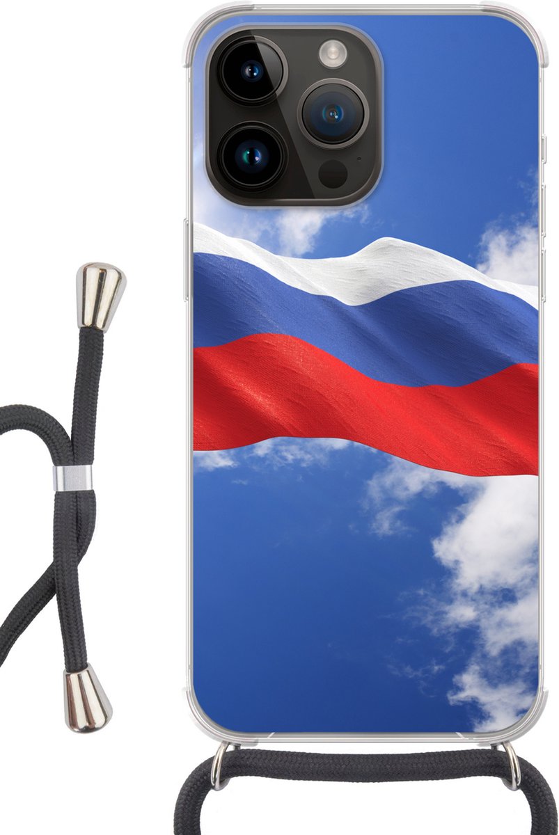Telefoonhoesje Geschikt voor Apple Iphone 14 Pro - De vlag van Rusland wappert in de lucht - Siliconen - Crossbody - Backcover met Koord - Telefoonhoesje met koord - Hoesje met touw Telefoonhoesje
