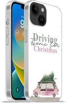 Geschikt voorApple Iphone 14 - Softcase hoesje - Kerst - Driving home for Christmas - Auto - Quotes - Spreuken - Siliconen Telefoonhoesje