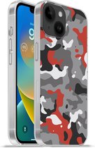 Geschikt voorApple Iphone 14 - Softcase hoesje - Camouflage patroon met rode accenten - Siliconen Telefoonhoesje - Verjaardag cadeau tiener