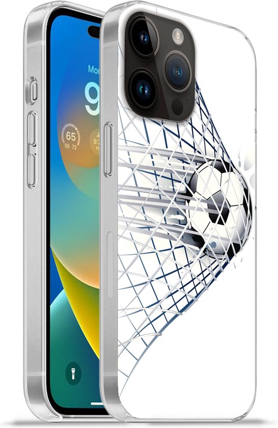 Geschikt voorApple Iphone 14 Pro - Softcase hoesje - Een illustratie van een voetbal die het doel in gaat - Jongetjes - Meisjes - Kids - Siliconen Telefoonhoesje