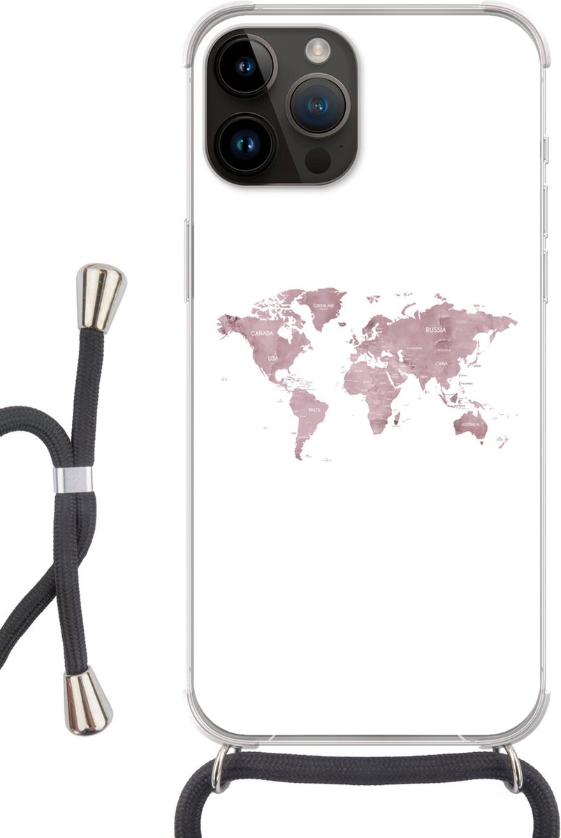Telefoonhoesje Geschikt voor Apple Iphone 14 Pro Max - Wereldkaart - Roze - Wit - Siliconen - Crossbody - Backcover met Koord - Telefoonhoesje met koord - Hoesje met touw Telefoonhoesje